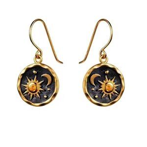 Sun and Moon Stone Dangle Earrings Gold Toned with Black
